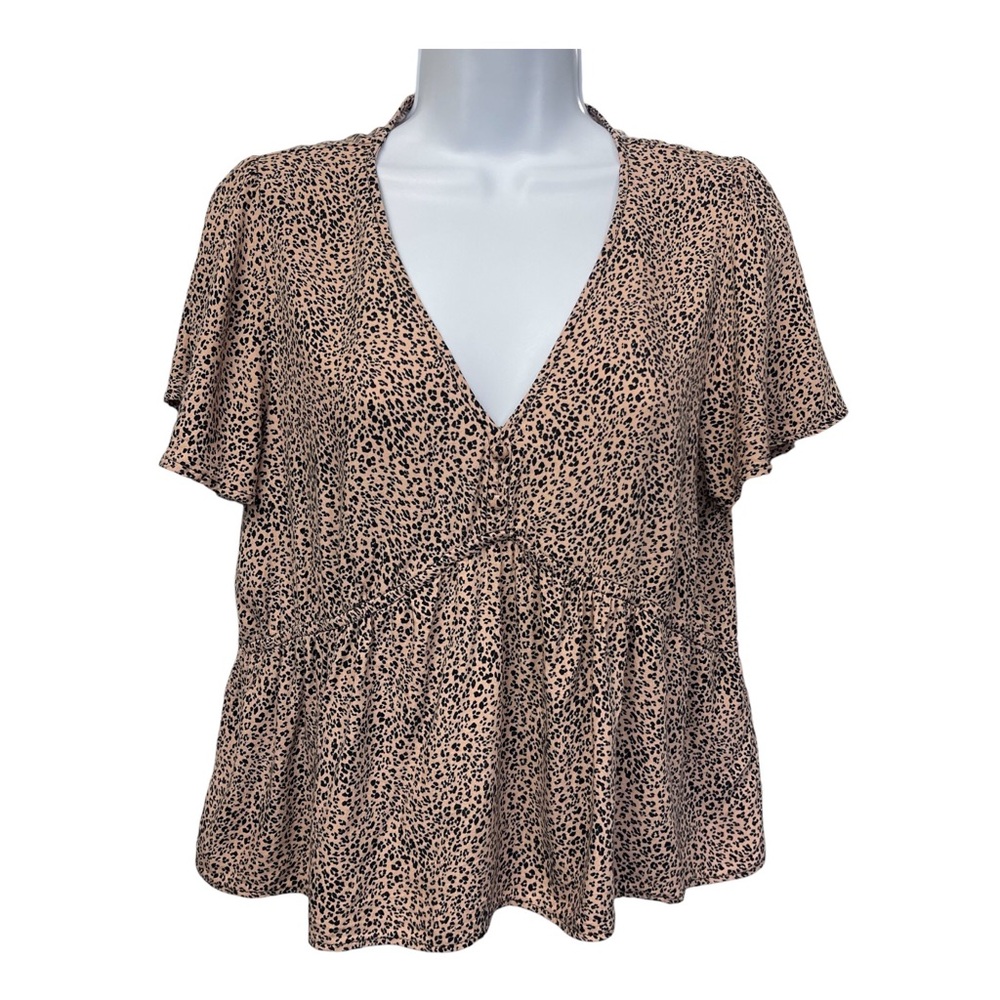 Lot Of Two Blouse Top Womens Sz L Green & Brown Leopard Shor Sleeve tie front - Picture 2 of 10